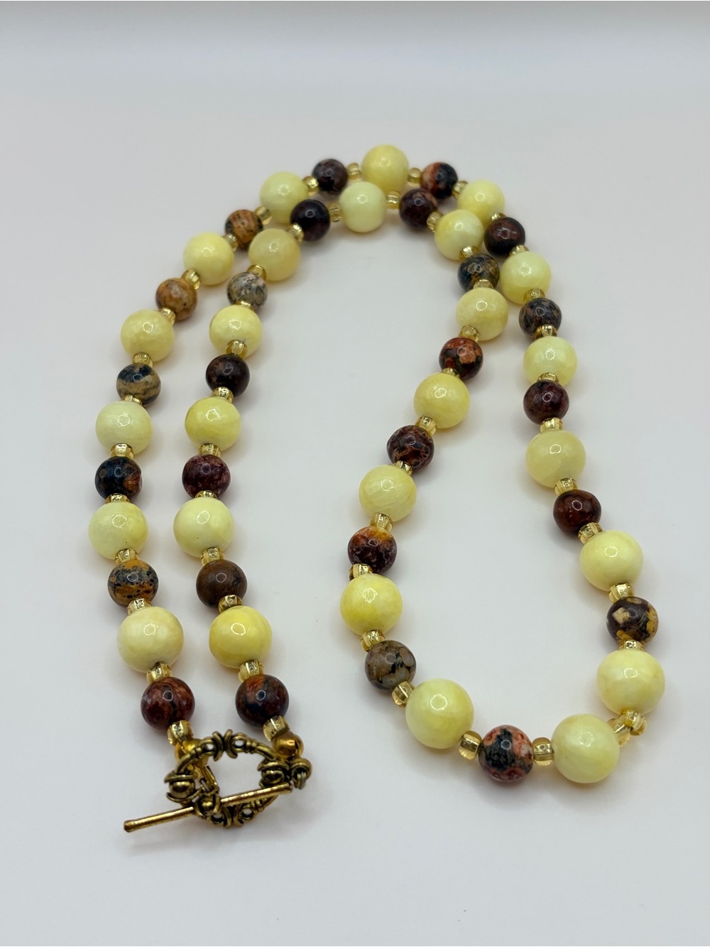 Vintage Cream and Brown Polished Stone Bead Necklace with Gold-Tone Accents